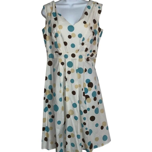 Sz.10*Tally Taylor*Off-White/Aqua/Brown "Circles"-Print Knee-Length Dress - Picture 1 of 7